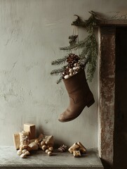 boot with gifts and decorations hanging by the fireplace