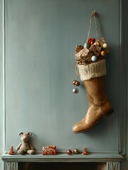 boot with gifts and decorations hanging by the fireplace