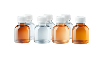 Close up of clear bottles with white caps, a minimalist composition of light, shadow, and subtle textures