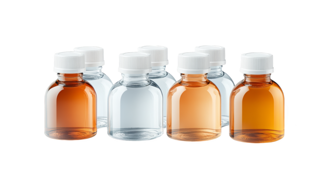 Close up of clear bottles with white caps, a minimalist composition of light, shadow, and subtle textures