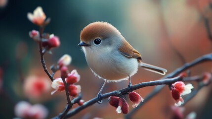 A small bird is perched on a branch with red flowers