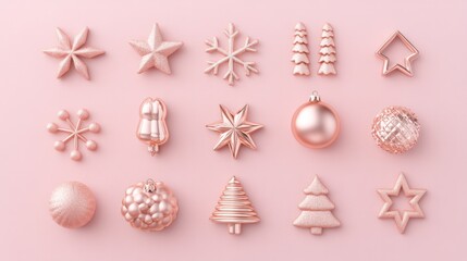 A row of pink ornaments including stars, snowflakes, and trees