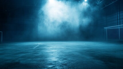 A soccer field with a blue sky and a foggy atmosphere