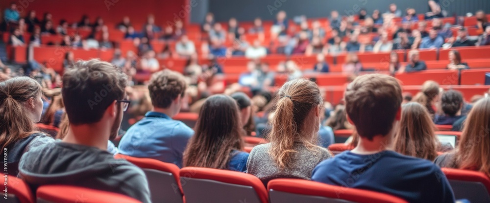 Poster a diverse group of students sits in a modern auditorium, focusing on a lecture, with rows of bright 