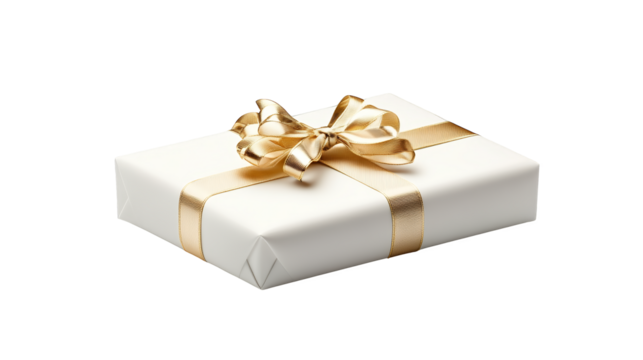 Elegant white gift box with luxurious gold ribbon, perfect for birthdays, holidays, and special occasions