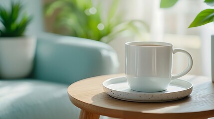 Fototapeta premium A serene morning moment enjoying a fresh brewed coffee on a cozy table surrounded by nature's touch