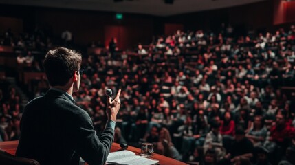 An engaged speaker stands at a podium, addressing a crowded auditorium filled with attentive audience members who are listening intently in the evening