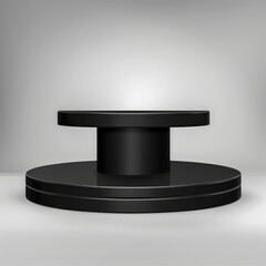 A sleek black circular pedestal stands in a minimalist, modern setting, showcasing its elegant design under a soft light, perfect for highlighting any object or art piece.