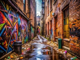 Fototapeta premium Macro Photography of a Narrow Alleyway with Vibrant Graffiti and Urban Rubbish