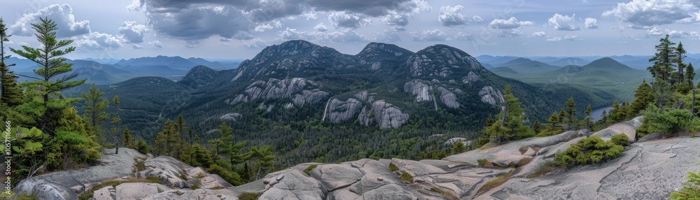 Poster a panoramic view of a mountain range with a river running through it