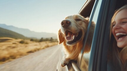 A woman is driving a car with a dog in the back seat