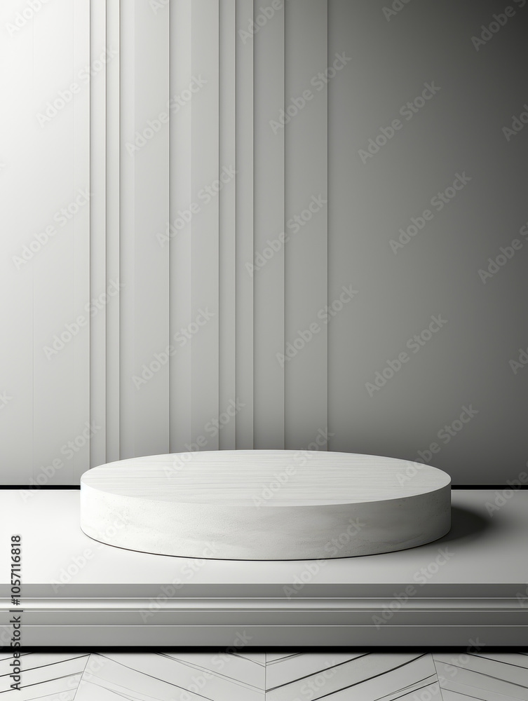 Poster the image depicts a minimalist white stage with a geometric backdrop design, offering a serene and m