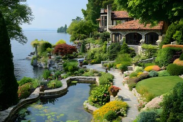 A Stone House with Lush Gardens and a Winding Path on a Lakefront Property