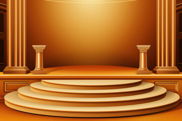 A grand, opulent stage is adorned with ornate gold pillars and illuminated by a warm, glowing light, evoking a sense of majesty and classical architectural elegance.