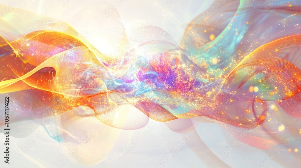 Poster a creative depiction of quantum communication, illustrating swirling patterns of light representing 
