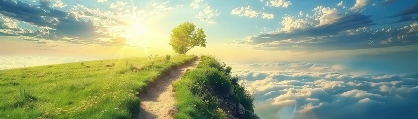 A tree is growing on a hillside with a path leading to it