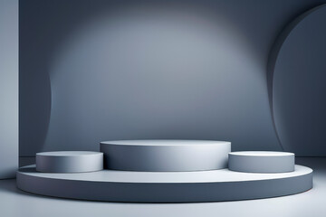 A curved gray podium with futuristic architectural flair offers a unique stage for presentations, combining sleek design with atmospheric lighting influence.