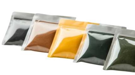 A row of five assorted food bags, pantry staples, meal ingredients, and convenient nutrition