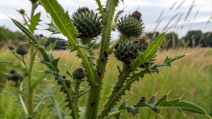 Macro Shot of Giant Black Aphid Infestation on Thistle Plant Leaves - Close-up Nature Photography