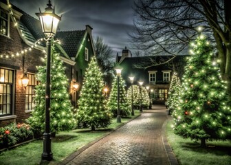 Naklejka premium Magical Christmas trees light up a nighttime path, creating a stunning backdrop for festive architectural photography filled with holiday spirit and