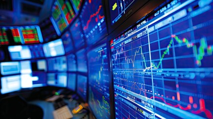 Stock market and trading graph on a blue screen of a monitor which is indicating a High spike in market, investment graph