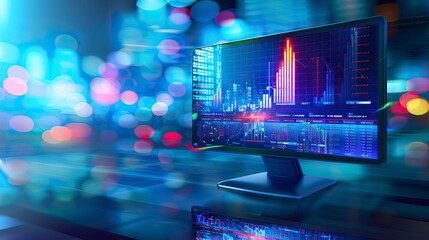 Stock market and trading graph on a blue screen of a monitor which is indicating a High spike in market, investment graph