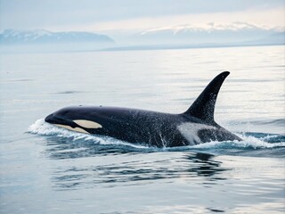 Fototapeta premium Majestic Black Blue Whale Swimming Gracefully in Endless White Back Ocean - Stunning 4K Documentary Photography