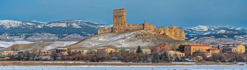 Fototapeta premium A snowy mountain with a castle on top and a small town below