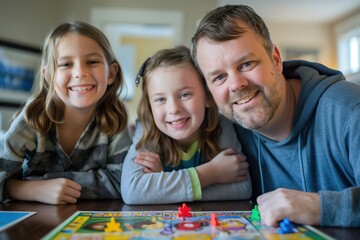 Fototapeta premium Parent and two children having fun during a bright family game night