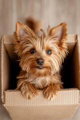 Adorable Yorkshire Terrier Puppy in a Cardboard Box: A Heartwarming Pet Portrait