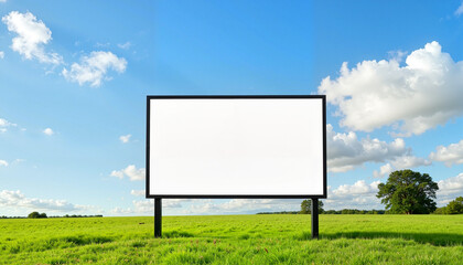 street banner mockup PSD. Empty billboard in a grassy field under a blue sky with fluffy clouds and copy space for advertising