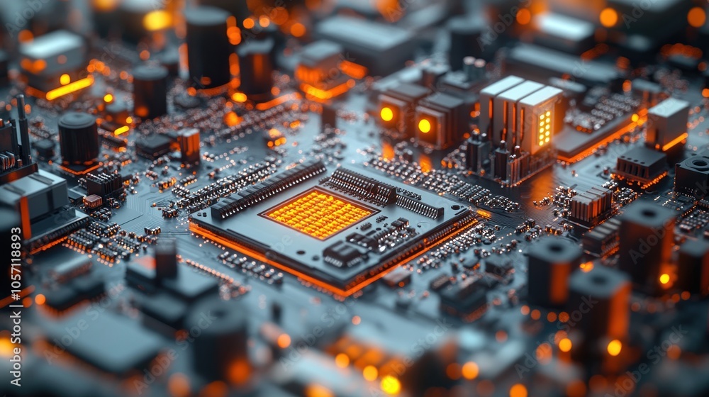 Poster close-up of a circuit board with glowing components and connections.