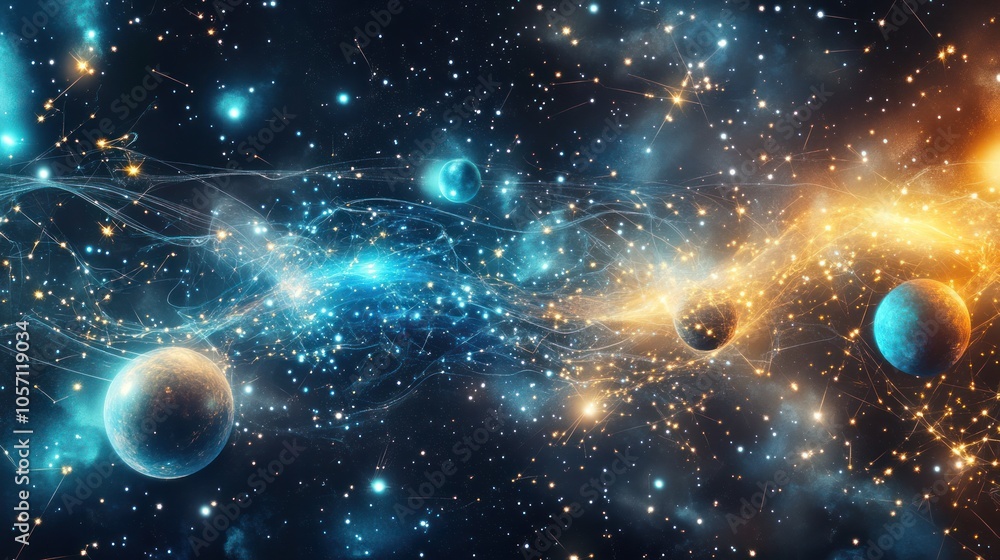 Poster a mesmerizing abstract scene with glowing quantum planets forming a cosmic system surrounded by floa