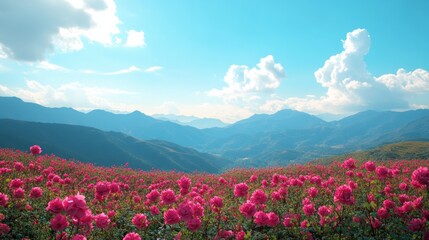 Fototapeta premium A field of pink flowers with a blue sky in the background