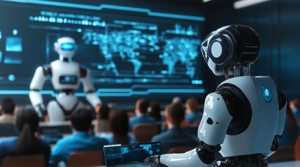future classroom with students powered by AI, integrating human and robots knowledge, high tech, ultra modern
