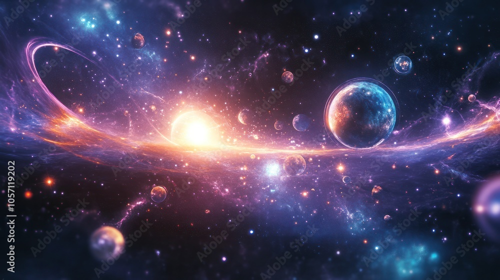 Poster a mesmerizing abstract scene with glowing quantum planets forming a cosmic system surrounded by floa
