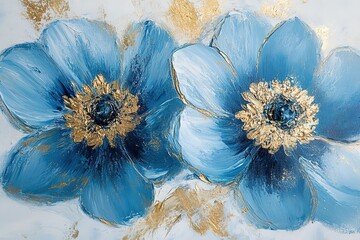 A pair of blue flowers, gold glittering on the petals, abstract painting style, light cyan and white background, splashing ink effects, and gold leaf embellishments