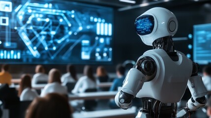 future classroom with students powered by AI, integrating human and robots knowledge, high tech, ultra modern