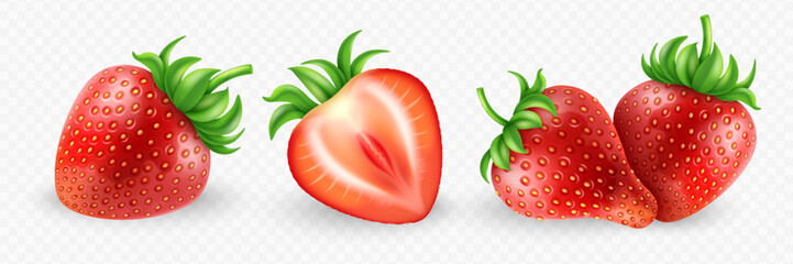 Set of red ripe detailed strawberry, whole slice and pieces isolated on transparent background. © Cimeries