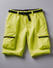 Vibrant neon yellow cargo shorts with black belt and pockets, perfect for outdoor adventures.