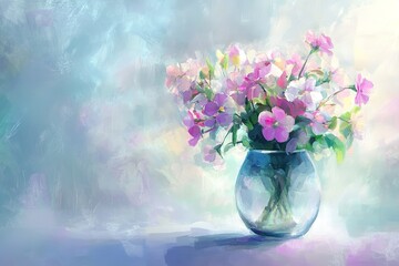Oil painting with brushstrokes, depicting beautiful flowers in a glass vase. The flowers are a mix of white and purple wildflowers