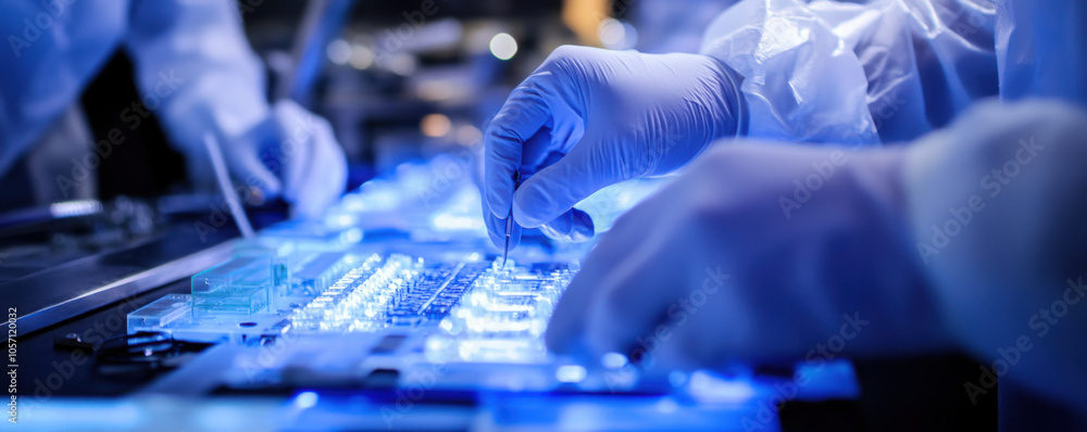 Poster assembling electronics requires precision and care, with workers in protective gloves handling compo