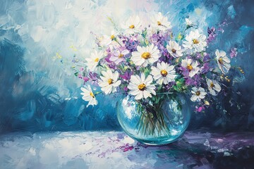 an abstract blue vase with cornflowers is placed on a table. The background color changes from light to dark blue, creating a strong contrast between the vase and the other elements in the picture