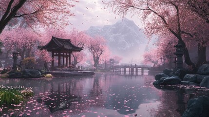 Fototapeta premium Tranquil Japanese Garden with Cherry Blossoms