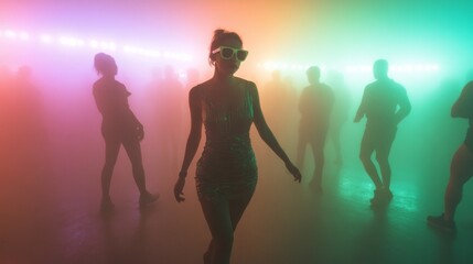 A woman in a black dress is dancing in front of a group of people