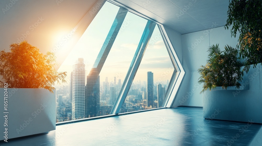 Poster a large window in a building with a city view