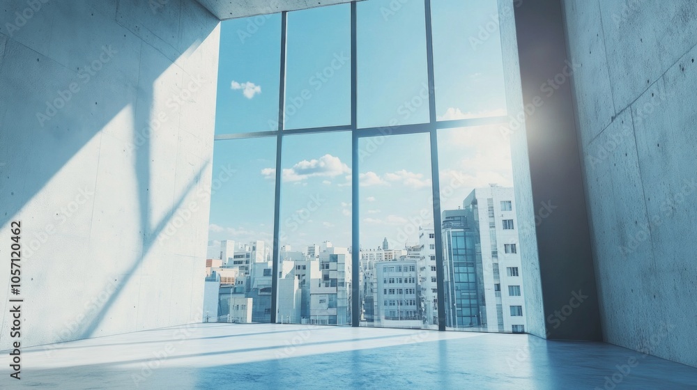 Poster a window in a building with a city view