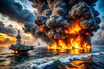 Massive Offshore Oil Platform Explosion and Environmental Disaster Photography