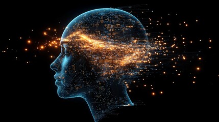 A 3D-rendered human head made of intricate circuits and glowing lines, representing artificial intelligence and the fusion of human and digital technologies 