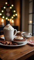 Fototapeta premium Holiday Hot Chocolate and Gingerbread in a Cozy French Cafe, Architectural design using natural materials for sustainability. Coffee shop. Hotel. Lobby. Business. Eco friendly.